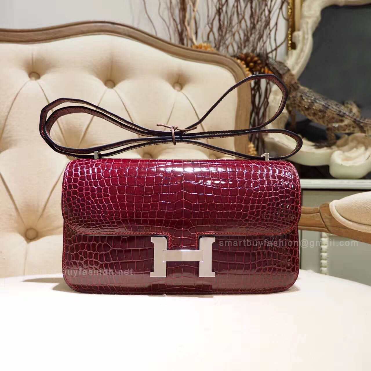 Hermes Constance Elan 25 Bag in ck57 Bordeaux Shiny Porosus Croc PHW